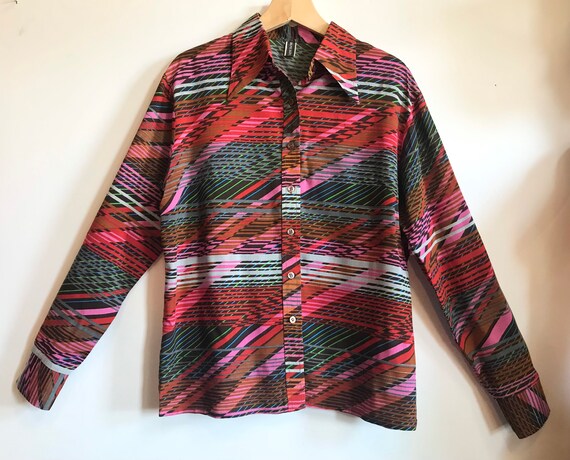 Large 70s Glitchy Stripe Button Down Shirt - image 4