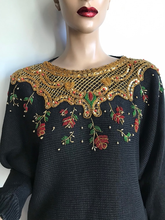 Women's Large Black Sequined and Beaded Sweater - image 6