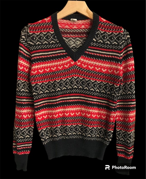 Red Black and White V Neck Sweater