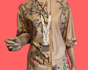 Tan Japanese Themed 70s Blouse