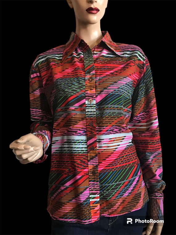 Large 70s Glitchy Stripe Button Down Shirt - image 1