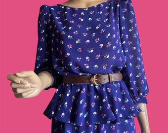 Purple Floral 80s Peplum Dress