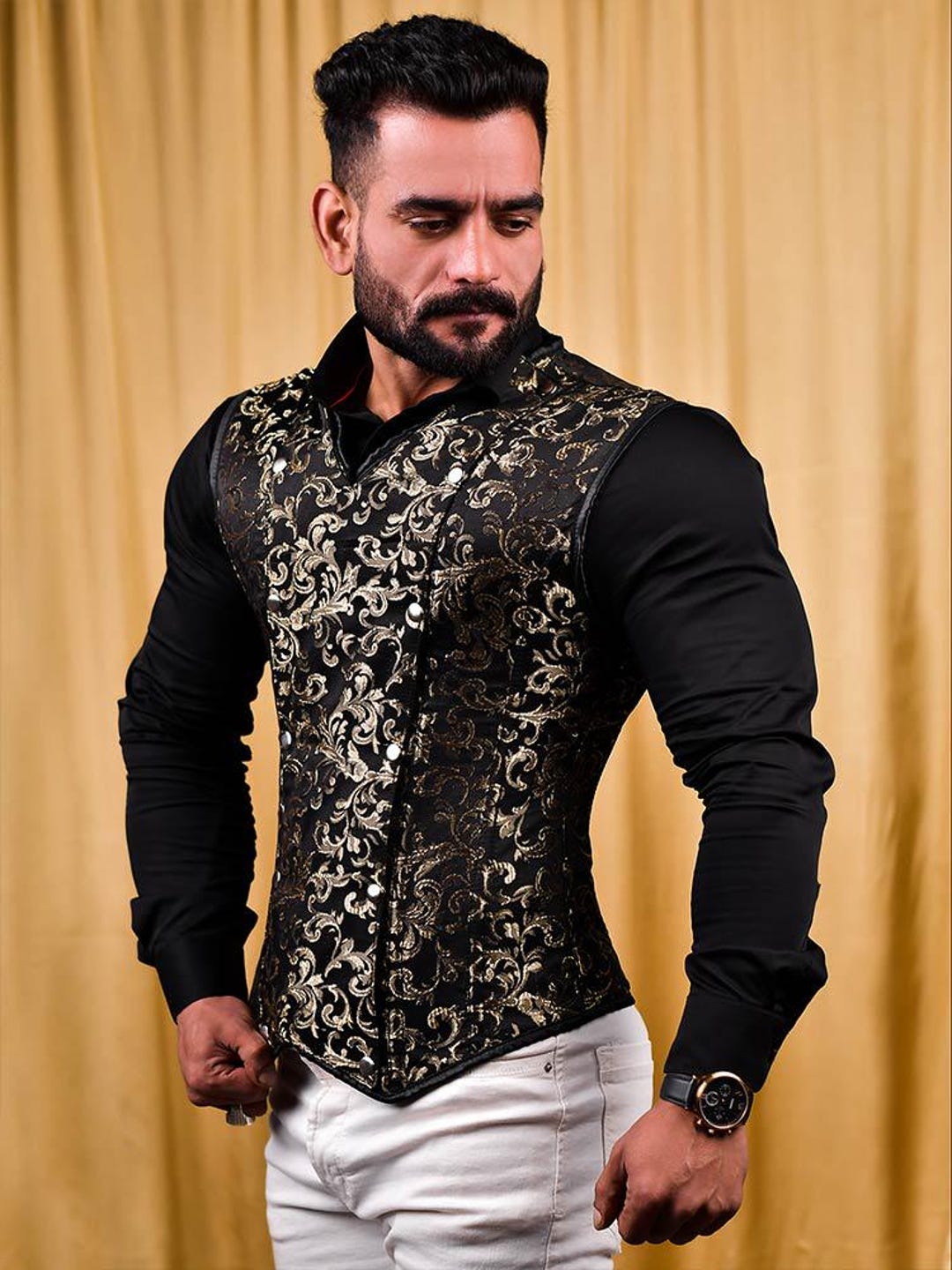 Male Corset Vest Brocade Men's Corset Steel Boned Corset, Over Bust — free download