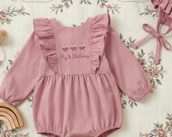 Embroidered Half Birthday Baby Girl Linen Romper, 6 Month Birthday Outfit, My Half Birthday Cake Photoshoot, Six Months Celebration Baby Tee