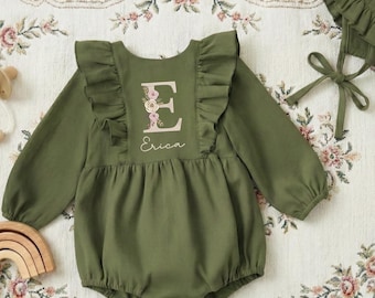 Embroidered Monogram Baby Linen Romper, Floral Newborn Girl Outfit, Baby Coming Home Outfit, Baby Birthday Announcement, Newborn Photo Prop