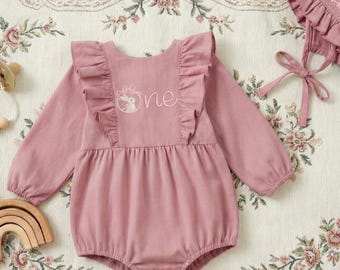 Embroidered Easter Bunny Linen Baby Girl Romper, 1st Birthday Bunny Outfit, Rabbit Cake Smash Outfit, Girl's One Year Old Birthday Party Tee