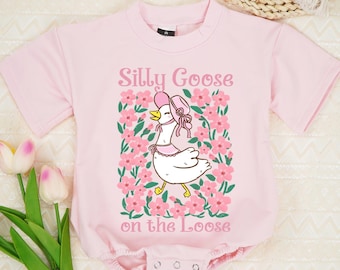 Silly Goose On The Loose Baby Romper, Boho Floral Goose Baby Bodysuit, Coquette Bow Duck Romper, Funny Goose Kid Shirt, Silly Goose Bodysuit