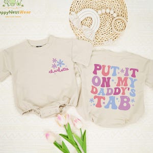 Personalized Put It On Daddy’s Tab 2 SIDED Baby Romper, Father’s Day Bodysuit, Daddy&#39;s Girl Romper, Newborn Gift, Cute Baby Girl Clothes