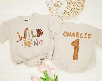 Personalized Wild One Baby Romper, Safari Themed Birthday Bodysuit, Cute Birthday Romper, 1st Birthday Outfit, Woodland Animals Bodysuit