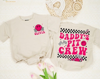Personalized Daddy’s Pit Crew Baby Girl Romper, Racing Baby Bodysuit, Pit Crew Baby Shirt, Smiley Face Racing Tee, Baby Girl Racing Clothes