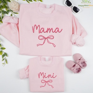 Embroidered Mama Mini Matching Outfit, Coquette Style Matching, Mom Daughter Toddler Shirt, Mothers Day Gift For Moms, Cute Baby Girl Romper image 1