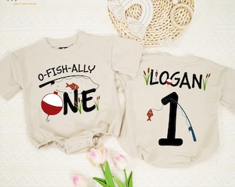 Personalized O-Fish-Ally One Baby Romper, First Birthday Shirt, Little Fisherman Birthday Gift, Fishing Theme Clothes, Outdoor Baby Outfit