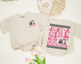 Personalized Just A Girl Who Loves Excavator Kids Shirt, Construction Truck Baby Romper, Pink Excavator Toddler, Truck Shirt For Girls