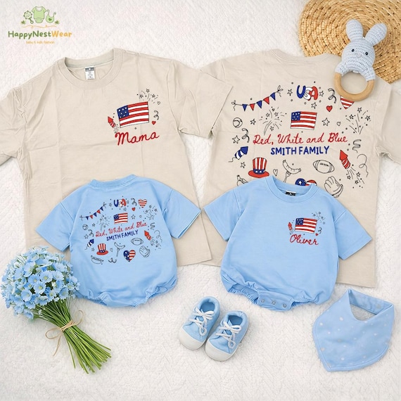Personalized Red White and Blue Matching Shirt, Memorial Day American Flag Gift, Mom and Me USA Tee, July 4th Celebration Family Reunion Tee