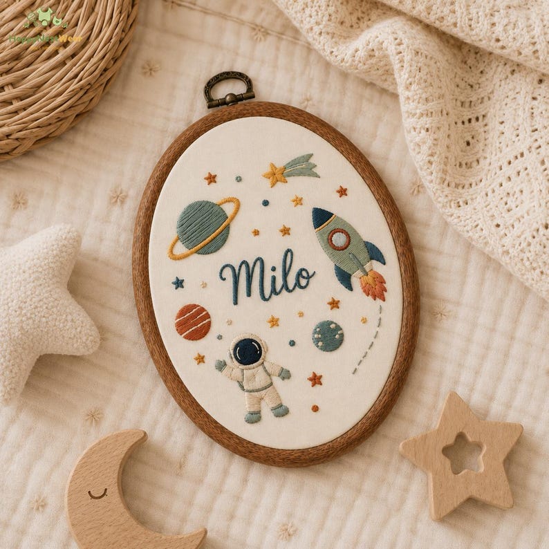 Embroidered Outer Space Nursery Hoop, Astronaut Name Sign, Baby Boy ...