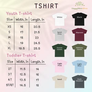 May include: A product image showcasing a variety of t-shirts in different colors, including white, black, and maroon. The image also displays a size chart for youth and toddler t-shirts, with measurements in inches for width and length.
