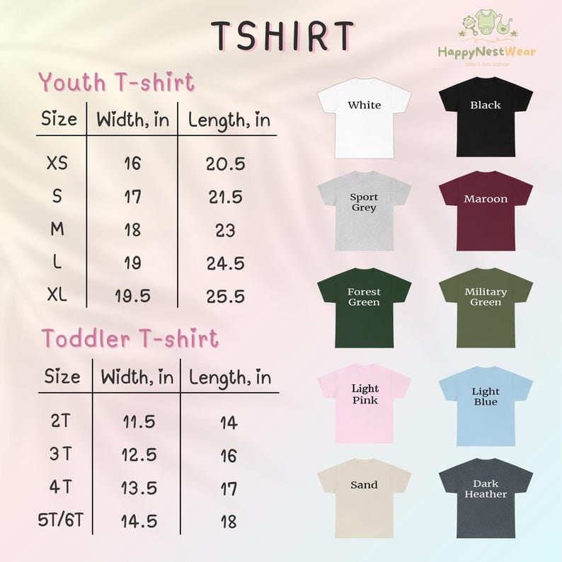 May include: A product image showcasing a variety of t-shirts in different colors, including white, black, and maroon. The image also displays a size chart for youth and toddler t-shirts, with measurements in inches for width and length.