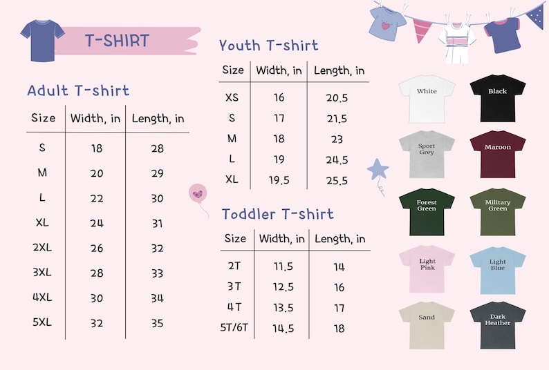 Op de afbeelding: Een maattabel voor T-shirts voor volwassenen, jongeren en peuters, met afmetingen in inches. De tabel geeft maten, breedtes en lengtes weer. Verschillende T-shirtkleuren worden weergegeven, waaronder wit, zwart, sportgrijs, bordeauxrood, bosgroen, legergroen, lichtroze, lichtblauw, zand en donkergrijs.