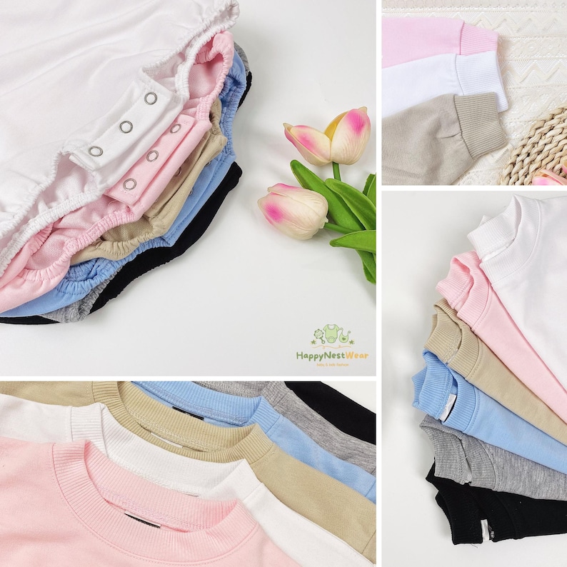 Puede incluir: Una colecci&oacute;n de ropa de beb&eacute; en varios colores, incluyendo blanco, rosa, azul y negro. La imagen presenta varios bodies con cierres de presi&oacute;n y sudaderas de cuello redondo. La marca "HappyNestWear" es visible.