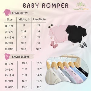 May include: Baby rompers in various colors, including sand, white, sport grey, light pink, light blue, and black, are displayed on hangers. The image includes a size chart with measurements in inches for both long and short sleeve rompers. Accessories like sunglasses and baby shoes are also present.