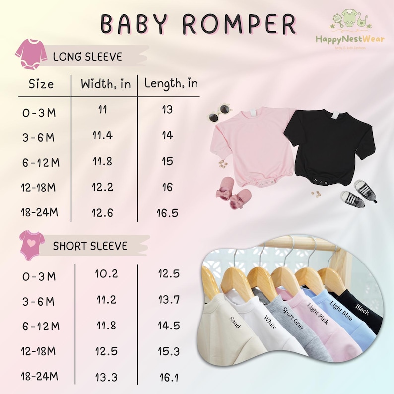 May include: Baby rompers in various colors, including sand, white, sport grey, light pink, light blue, and black, are displayed on hangers. The image includes a size chart with measurements in inches for both long and short sleeve rompers. Accessories like sunglasses and baby shoes are also present.
