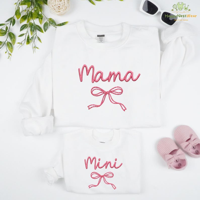 Embroidered Mama Mini Matching Outfit, Coquette Style Matching, Mom Daughter Toddler Shirt, Mothers Day Gift For Moms, Cute Baby Girl Romper image 3