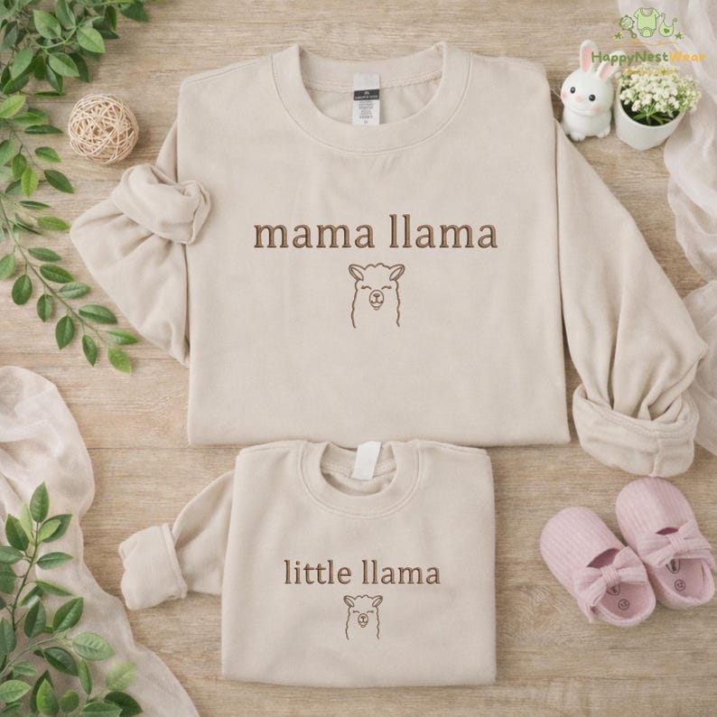 May include: Two beige sweatshirts, one adult and one child size, with the text "mama llama" and "little llama" in brown. Each sweatshirt features a llama graphic. Pink baby shoes are next to the child's sweatshirt.