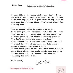 Carta de aliento, carta tranquilizadora, salud mental, inspiración, alivio del estrés, carta digital, apoyo emocional, alivio de la ansiedad, TDAH
