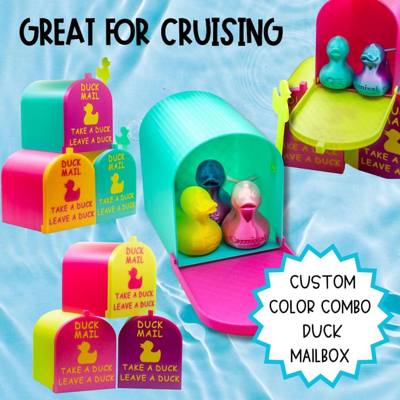May include: A collection of colorful plastic mailboxes with the text DUCK MAIL TAKE A DUCK LEAVE A DUCK. The mailboxes are pink, yellow, teal, and purple, each containing small rubber ducks. The text GREAT FOR CRUISING and CUSTOM COLOR COMBO DUCK MAILBOX is visible.