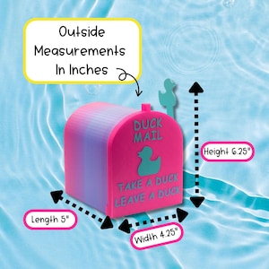 May include: A pink and blue mailbox with a duck silhouette and the text DUCK MAIL, TAKE A DUCK, LEAVE A DUCK. It measures 5 inches in length, 4.25 inches in width, and 6.25 inches in height, with a small duck-shaped flag on the top right side.