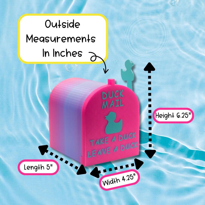May include: A pink and blue mailbox with a duck silhouette and the text DUCK MAIL, TAKE A DUCK, LEAVE A DUCK. It measures 5 inches in length, 4.25 inches in width, and 6.25 inches in height, with a small duck-shaped flag on the top right side.