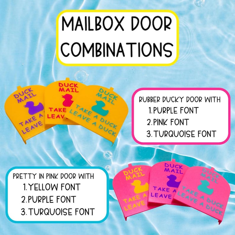 May include: Yellow and pink mailbox door signs with the text DUCK MAIL and TAKE A DUCK LEAVE A DUCK. The yellow signs feature purple, pink, or turquoise text. The pink signs feature yellow, purple, or turquoise text, all with duck icons.
