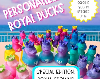 May include: A collection of small, multi-colored plastic ducks wearing crowns. Text reads: PERSONALIZED ROYAL DUCKS, EACH COLOR IS SOLD IN BATCHES OF 18, and SPECIAL EDITION: ROYAL CROWNS. The ducks feature gradient colors and a small crown icon.