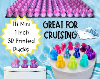 May include: A collection of 117 mini 3D-printed ducks, each approximately 1 inch in size. The ducks are in various colors, including pink, blue, yellow, and green. The text "GREAT FOR CRUISING" is displayed with a cruise ship graphic.