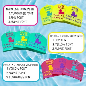 May include: A collection of small arched doors for duck mail, featuring neon lime, tropical lagoon, and magenta stardust colors. Each door displays a rubber duck icon and the text DUCK MAIL TAKE A DUCK LEAVE A DUCK in various font colors including turquoise, pink, purple, and yellow.