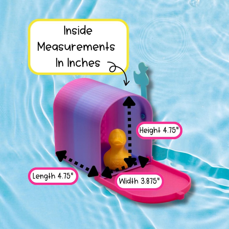 May include: A pink and purple gradient mailbox with a yellow rubber duck inside. The mailbox features a light blue flag and a pink door. Text labels indicate inside measurements of 4.75 inches in length, 4.75 inches in height, and 3.875 inches in width.