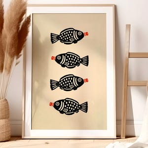 Soy Sauce Fish Bottle Art | Japanese Folk Art Linocut Style | Minimal Kitchen Wall Art | Modern Graphic Food Illustration (Digital Download)