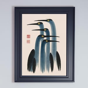 Japanese Crane Heron Ink Art Print | Minimalist Sumi-e Style Bird Wall Art | Zen Asian Decor | Instant Download