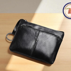 Retro Coin Purse with Key Holder | Genuine Leather Zip Wallet | Unisex Square Billfold Bag | Compact Change Organizer Pouch