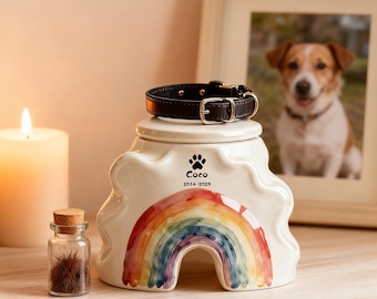 Urna pintada para cenizas de perro, urna para gato con diseño de puente arcoíris pintada a mano, recuerdo conmemorativo de cerámica personalizado, regalo para duela de un perro.