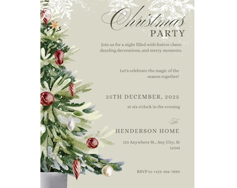 Può includere: Invito a una festa di Natale con un'illustrazione ad acquerello di un albero di Natale decorato. L'invito include il testo "Christmas Party", la data, l'ora e le informazioni RSVP.