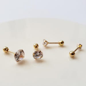 14k Solid Gold,CZ piercing,Screw Back Stud,everyday jewelry,Cubic Zirconia Earrings,cartilage,helix,tragus,conch,lobe,Hypoallergenic,21G