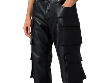 Handmade Black Leather Cargo Pants: Custom Fit Streetwear