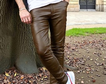 Premium Men's Distressed Chocolate Brown Leather Biker Pants - Slim Fit