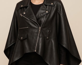 Real Leather Asymmetric Moto Cape Jacket, Black Biker Poncho Womenswear