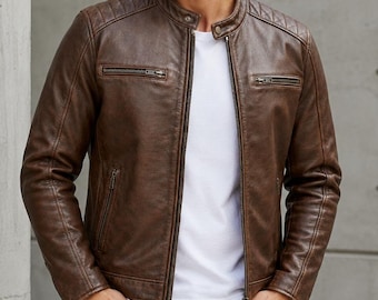 Men's Brown Waxed Lambskin Cafe Racer Leather Jacket, Vintage Biker Riding Coat