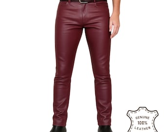Burgundy Sheepskin Leather Skinny Pants: Men's Streetwear Jeans