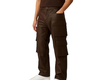 Men's Dark Brown Leather Cargo Pants: Custom Fit Handmade Trousers