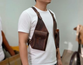 Full Grain Leather 1911 Shoulder Holster | Custom Handmade Adjustable Body Sling | Classic Brown Leather CCW Rig