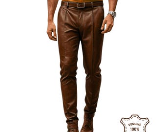 Handmade Brown Leather Pleated Trousers - Slim Fit Genuine Leather Pants